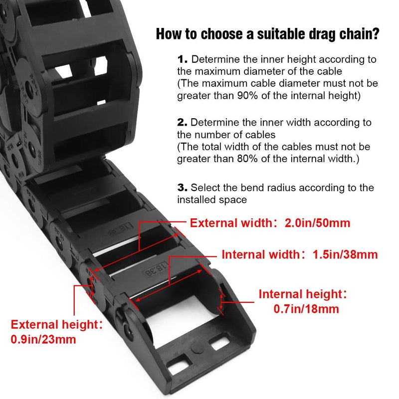 LMioEtool Pack of 2, R38 18mm x 38mm(Inner H x Inner W) Black Plastic Cable Wire Carrier Drag Chain 1M Length for CNC, with End Connectors - Bridge Type (Inner Side openable) - Image 3